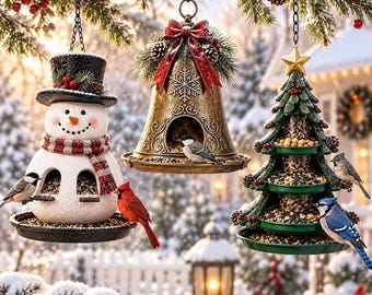 Christmas Bird Feeder Snowman Tree Bell Hanging Garden Decor Backyard Wildlife Gift