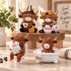 May include: Four brown Highland cow figurines. One wears a plaid hat holding a coffee cup and bag of beans. One sits in a coffee mug with a yellow bow. One sits on a white toilet reading a book. One sits in a white bathtub with white bubbles.