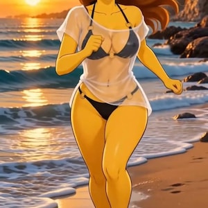 May include: A cartoon-style illustration of a person with long brown hair running on a beach at sunset. The person is wearing a black bikini with gold ring accents and a sheer white short-sleeved cover-up top over the swimwear.