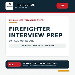 Op de afbeelding: Een digitaal werkboek getiteld Firefighter Interview Prep, The Complete Preparation System. Het bevat een werkboek van 50 pagina's, de STAR-methode, een proefcommissie en een 30-dagenplan. Het ontwerp bevat het Fire Recruit Advantage logo en PDF.