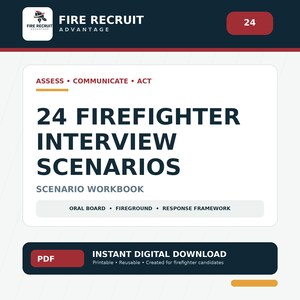 Puede incluir: Un libro de trabajo digital titulado 24 Firefighter Interview Scenarios con fondo blanco, texto azul oscuro y detalles en rojo. La portada incluye el texto Assess, Communicate, Act, Oral Board, Fireground, Response Framework e Instant Digital Download.