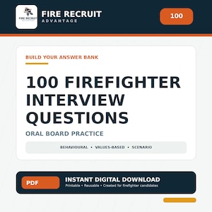 Peut inclure: Un document numérique intitulé 100 Firefighter Interview Questions Oral Board Practice. Le graphique rectangulaire blanc présente du texte bleu foncé, des accents orange et le logo Fire Recruit Advantage. Il inclut des sections pour les questions comportementales, basées sur les valeurs et de scénario, ainsi qu'une étiquette de téléchargement numérique PDF.