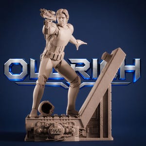 May include: A monochromatic beige resin statue of a human character in a dynamic pose, holding a blaster pistol. The figure stands on a detailed base featuring the Star Wars logo, with a helmet resting at the feet and a slanted structural element.