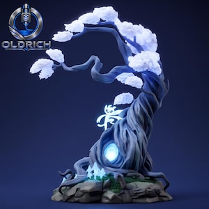 May include: A 3D printed sculpture featuring a glowing white spirit character perched on a dark, twisted tree with illuminated white foliage. The base is composed of rocky terrain with small glowing mushrooms and a central blue light source.