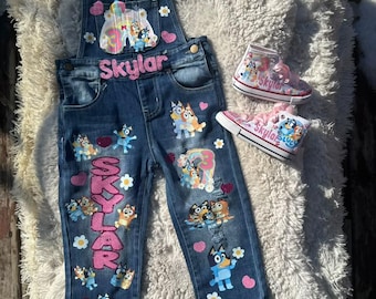 Custom denim overall pants, Any theme overalls birthday set, overall toddler girl, personalized demin birthday outfit with shoes