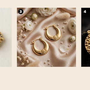 May include: A collection of five pairs of gold-toned hoop earrings. The set includes smooth hoops, beaded hoops, floral-engraved hoops, textured circular hoops with a triangular cutout, and twisted rope-style hoops, all featuring secure clasps.