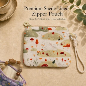 May include: A square zipper pouch featuring a white fabric with a repeating pattern of green hills, orange mushrooms, and a white rabbit. The pouch includes a flower-shaped zipper pull and a white rope wrist strap attached to a metal side loop.