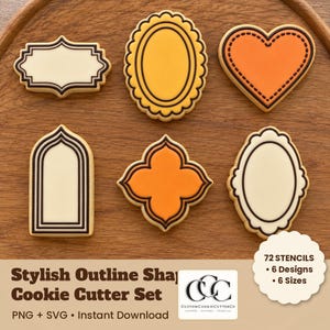 Puede incluir: Un juego de seis cortadores de galletas con formas variadas, incluyendo un óvalo festoneado, un corazón y marcos geométricos. Los cortadores son de color crema y naranja con bordes marrón oscuro. Texto: Stylish Outline Shape Cookie Cutter Set, 72 STENCILS, 6 Designs, 6 Sizes, PNG + SVG, Instant Download, CUSTOMCOOKIECUTTERCO.