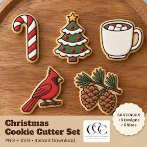 May include: A set of five cookie cutters featuring a candy cane, a Christmas tree, a mug of hot cocoa, a cardinal bird, and pinecones. The text reads Christmas Cookie Cutter Set, 60 STENCILS, 5 Designs, 6 Sizes, PNG + SVG, Instant Download.