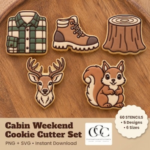 Op de afbeelding: Een set van vijf koekjesvormen met een groen-wit geruit overhemd, een bruine wandelschoen, een boomstronk, een hertenkop en een eekhoorn. De tekst luidt Cabin Weekend Cookie Cutter Set, PNG + SVG, Instant Download, 60 STENCILS, 5 Designs, 6 Sizes.