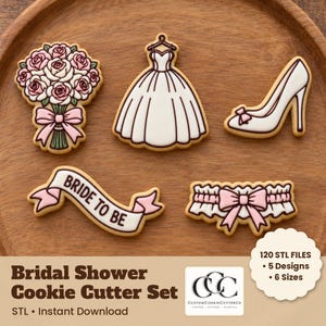 May include: A set of five cookie cutters featuring a bouquet of roses, a wedding dress, a high-heeled shoe, a banner with the text BRIDE TO BE, and a garter with a bow. The set includes 120 STL files, 5 designs, and 6 sizes.