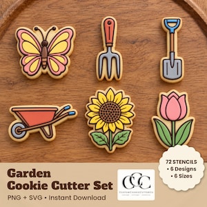 Può includere: Un set di sei tagliabiscotti a tema giardino con una farfalla, un rastrello, una pala, una carriola, un girasole e un tulipano. Il testo recita Garden Cookie Cutter Set, 72 Stencils, 6 Designs, 6 Sizes, PNG + SVG, Instant Download.