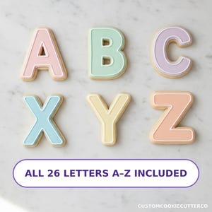 May include: Six letter-shaped cookie cutters in pastel colours: pink A, mint green B, lavender C, light blue X, pale yellow Y, and peach Z. A white rectangular label at the bottom displays the text ALL 26 LETTERS A-Z INCLUDED.
