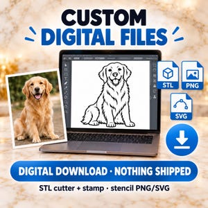 May include: A laptop screen displays a black and white line art illustration of a golden retriever dog, next to a photograph of the same dog. Icons for STL, PNG, and SVG file formats are visible, along with a download arrow icon.