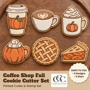 May include: A set of six cookies decorated with fall-themed designs including a coffee cup with a pumpkin sleeve, a latte with heart art, a mug with whipped cream and a pumpkin, a pumpkin mug with marshmallows, a whole pie, and a pie slice.