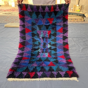 2'6x3 ft Handmade Moroccan Shaggy Rug, Blue Purple Abstract Pattern, Bright Long Pile Small Area Carpet for Entryway Bedroom Boho Home Decor