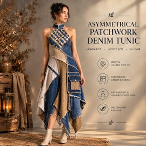 Peut inclure: Une tunique en jean patchwork asymétrique avec un corsage dos nu tissé, un ourlet mouchoir et une poche avant. Le vêtement affiche le texte ASYMMETRICAL PATCHWORK DENIM TUNIC, HANDMADE, UPCYCLED, UNIQUE, WOVEN HALTER BODICE, PATCHWORK DENIM & FABRIC, ASYMMETRICAL HANDKERCHIEF HEM, SUSTAINABLE FASHION.