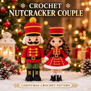 Puede incluir: Dos muñecos de ganchillo, una pareja de cascanueces, en hilo rojo, negro y verde. El muñeco masculino lleva un sombrero alto y uniforme, mientras que la femenina tiene el pelo largo castaño y un vestido rojo. Texto: CROCHET NUTCRACKER COUPLE CHRISTMAS CROCHET PATTERN.
