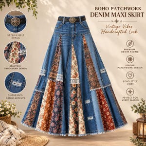 May include: A blue denim maxi skirt featuring a patchwork design with alternating panels of floral and geometric patterned fabric, distressed denim sections, white lace trim, and a black belt with a circular metal buckle at the waist.