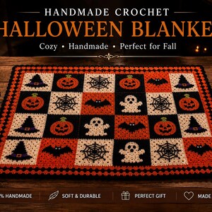 Crochet Halloween Table Runner, Pumpkin Ghost Witch Decor, Spooky Patchwork Table Mat