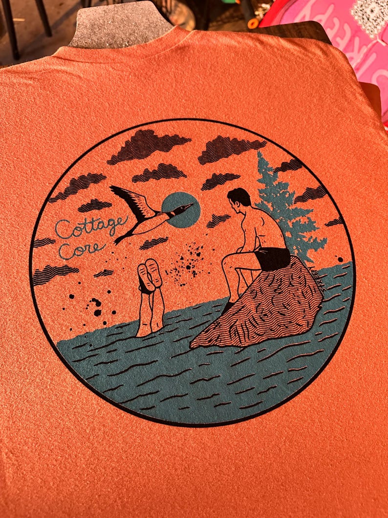 May include: Orange t-shirt with a circular graphic. The graphic features a person sitting on a rock, a bird in flight, and the text "Cottage Core". The design is in shades of blue, orange, and black.