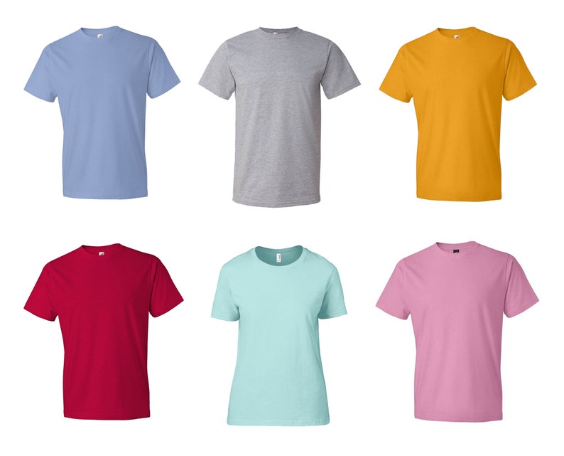 May include: A collection of six short-sleeved crew neck t-shirts displayed in two rows. The top row features light blue, heather gray, and golden yellow shirts. The bottom row includes deep red, light turquoise, and soft pink t-shirts.