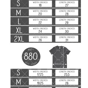 May include: A size guide chart for Anvil 980 and 880 t-shirts, displaying width and length measurements in inches for sizes S through 2XL. The chart includes illustrations of grey t-shirts with arrows indicating where to measure width and length.
