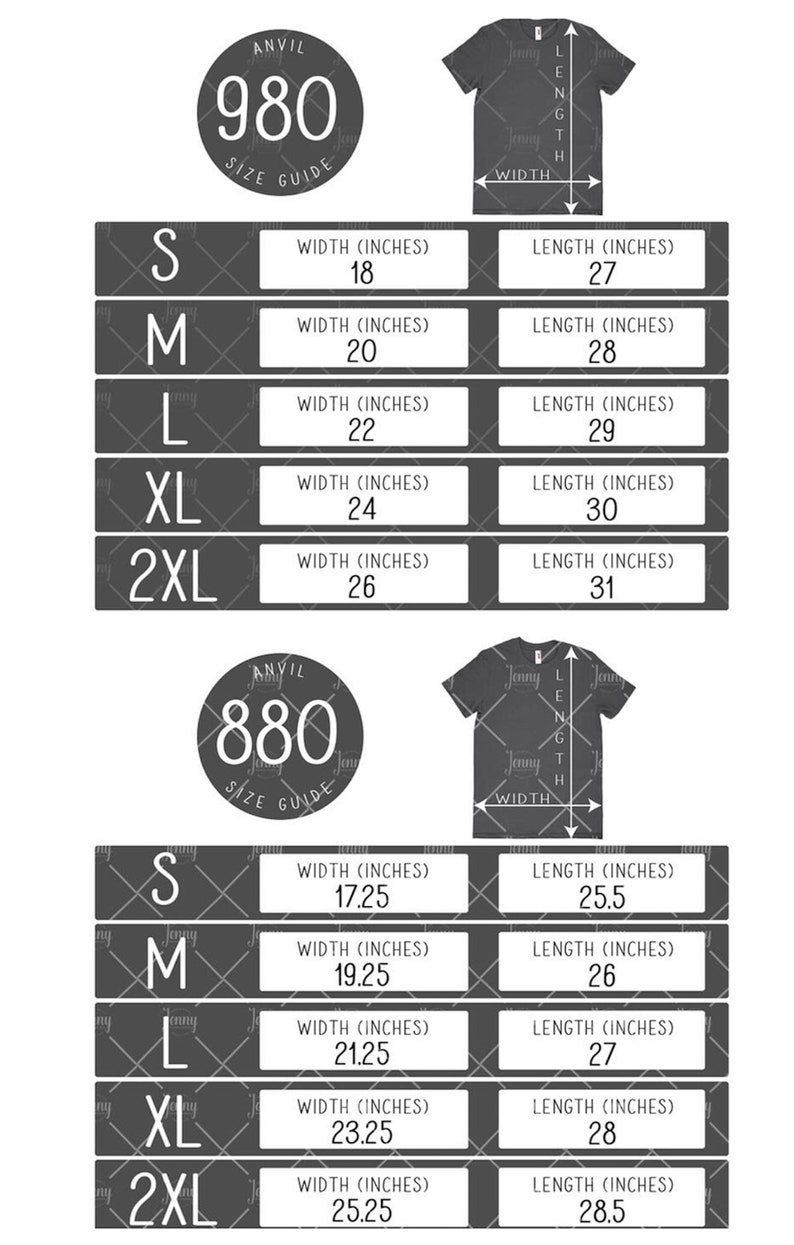 May include: A size guide chart for Anvil 980 and 880 t-shirts, displaying width and length measurements in inches for sizes S through 2XL. The chart includes illustrations of grey t-shirts with arrows indicating where to measure width and length.