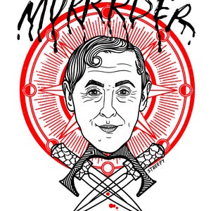 May include: A graphic illustration featuring a stylized portrait of a person above two crossed daggers. Behind the head is a red circular emblem with star and moon motifs. The text MURRRDER is written in black, dripping letters at the top.