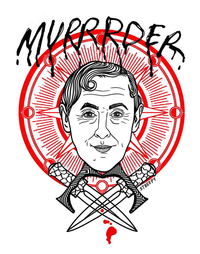 May include: A graphic illustration featuring a stylized portrait of a person above two crossed daggers. Behind the head is a red circular emblem with star and moon motifs. The text MURRRDER is written in black, dripping letters at the top.