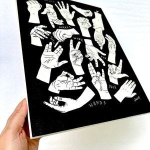 May include: Black and white illustration of various hands in different positions. The text "The Devil Makes Work For Idle Hands" is written on the image.