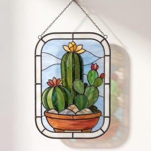 Cactustuin in potten, glas-in-loodpatroon met cactussen, woestijnsucculenten raamhanger, botanische raamdecoratie PDF SVG PNG