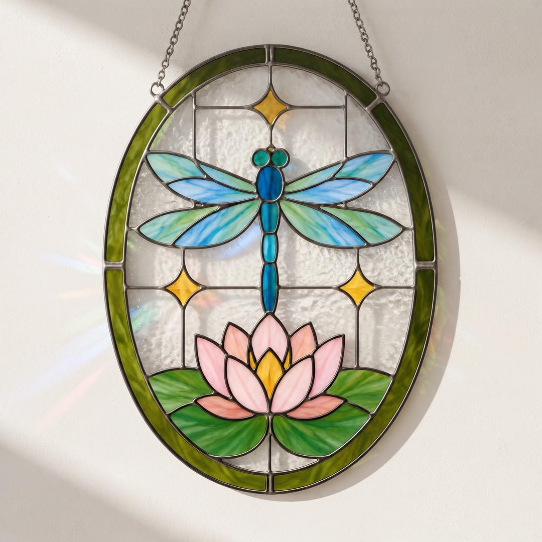 Dragonfly Lotus Stained Glass Pattern, Water Lily Suncatcher, Botanical ...