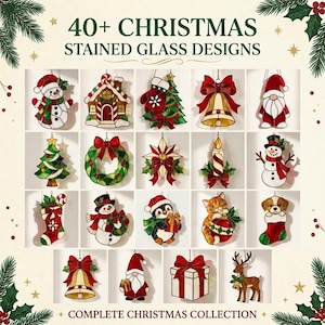May include: A collection of 40+ Christmas stained glass designs featuring ornaments like snowmen, gingerbread houses, Christmas trees, bells, gnomes, wreaths, stars, candles, stockings, penguins, cats, dogs, gifts, and reindeer in a grid layout.