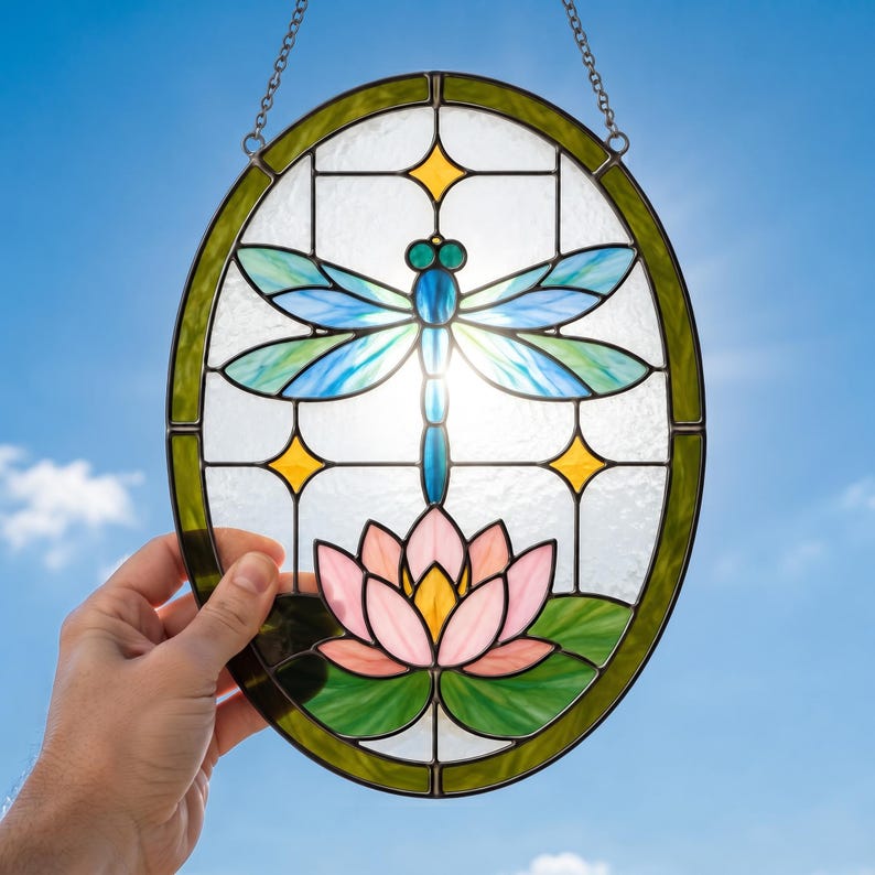 Dragonfly Lotus Stained Glass Pattern, Water Lily Suncatcher, Botanical ...
