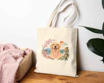 Golden Retriever Tote Bag, Dog Lover Gift, Golden Retriever Bag, Floral Dog Tote, Coastal Cottage Bag