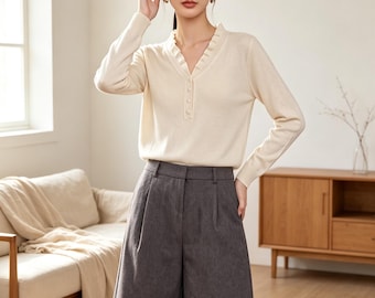 100% Wool V-Neck Ruffle Sweater | Soft Skin-Friendly Loose Fit Solid Color Knit Pullover | Fall Elegant Minimalist Top