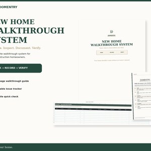 Può includere: Un set di prodotti digitali intitolato New Home Walkthrough System di Domentry, che include una guida di 12 pagine, un tracker di problemi modificabile e un controllo rapido mobile. Il testo verde scuro su sfondo chiaro riporta Mark, Record, Verify.