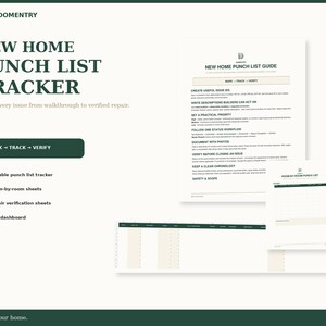 May include: A digital New Home Punch List Tracker document set featuring a guide, room-by-room sheets, and a live dashboard. The text includes 'NEW HOME PUNCH LIST TRACKER', 'MARK -> TRACK -> VERIFY', and 'Know your home.' with dark green accents.