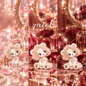 May include: A small, light-colored bear-like figurine with curly hair, wearing a simple dress with a small bee emblem on the chest. The figurine is surrounded by sparkling red and pink crystals, glass perfume bottles, and the word "miel".