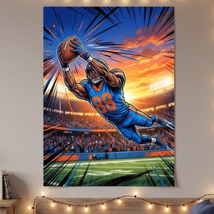 May include: A vertical wall poster featuring a stylized illustration of a football player in a blue and orange uniform with the number 88, leaping to catch a football against a vibrant sunset stadium background with dynamic motion lines.