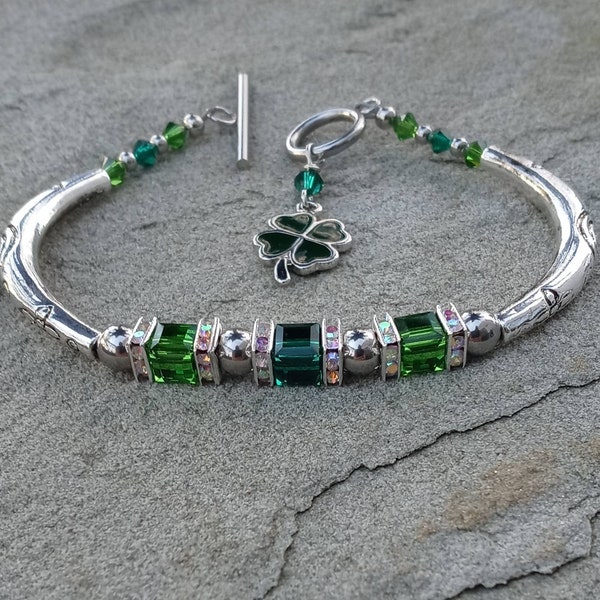 St.Patricks Day Bracelet with four leaf clover charm/ St Patrick's day jewelry/ European crystal