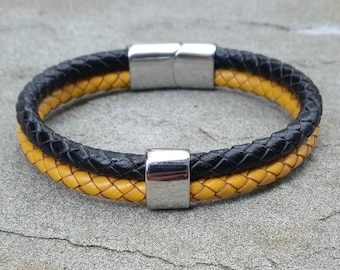Black & Gold Leather Bracelet, Football Fan Jewelry