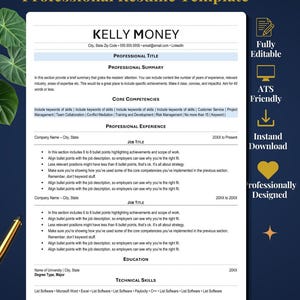 Puede incluir: Una plantilla de currículum profesional con el nombre Kelly Money, secciones para resumen, competencias, experiencia, educación y habilidades técnicas, junto con iconos para funciones editables y compatibles con ATS.