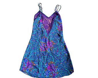 Vintage Victorias Secret Gold Label Paisley Floral Lace Back Slip Dress Blue P