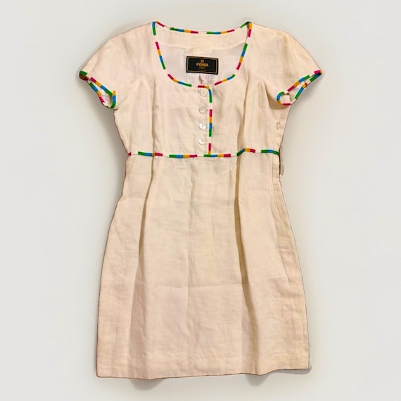 Fendi, Vintage Fendi Linen Mini Dress, Rainbow Trim, Made in Italy (Size IT 44)