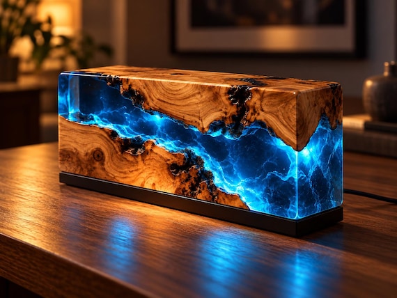 Handmade Live Edge Wood Epoxy Resin Table Lamp, Blue River Design, LED Bedside Light