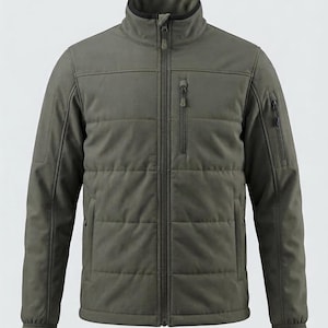 May include: An olive green full-zip jacket featuring a high collar with black trim, a vertical zippered chest pocket, two lower side pockets, and a zippered pocket on the left sleeve. The front panel has horizontal quilted stitching details.