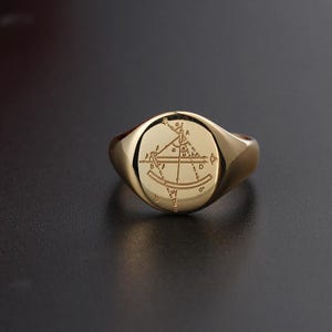 Platinum 950 Signet Ring with Ancient Astrolabe Engraving, Marriage Promise