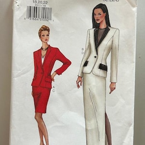 May include: Vogue Patterns sewing pattern number 7211 for a skirt suit. The pattern includes two different styles, one with a red skirt and jacket and the other with a white skirt and jacket. The pattern is for sizes 18, 20, and 22.